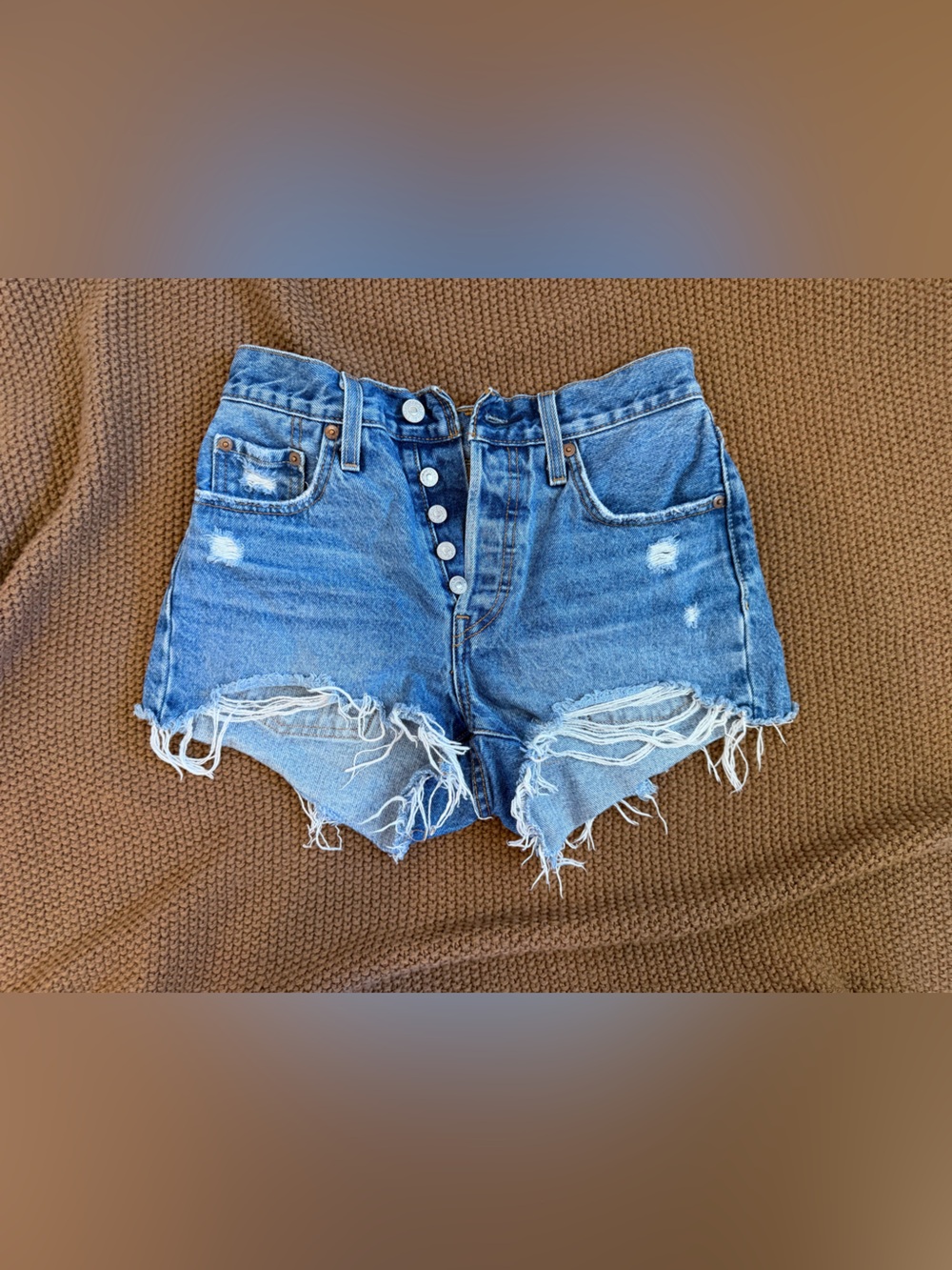 Levi's Blue Distressed Button-Fly Denim Shorts